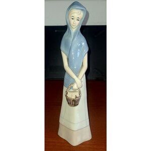 Porcelain Figurine Lady Carrying Basket 9" Vintage Blue Tan Cream